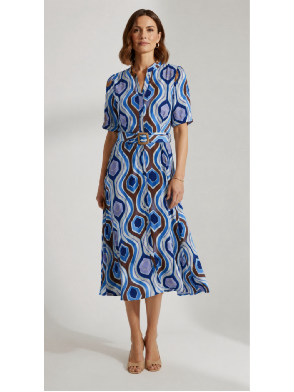 Kaktus Women's 3X Retro Geometric Midi Maxi Dress 100% Cotton Belted Pockets